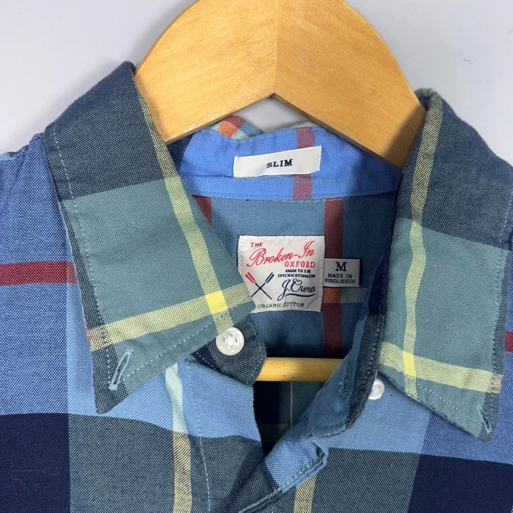 J Crew Slim Broken In Oxford Shirt Mens Size Medium Cotton Plaid Blue Preppy